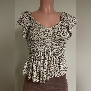 Chic Floral Black and Cream Smocked Blouse